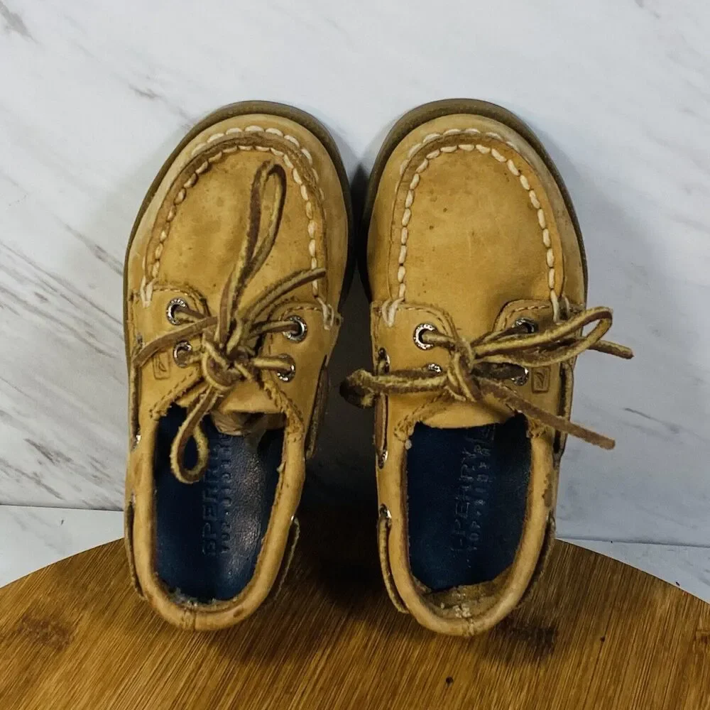 Sperry VTG Slip On Leather Boat Deck Shoes Tie Loafer Boys US 8.5M Brown Tan